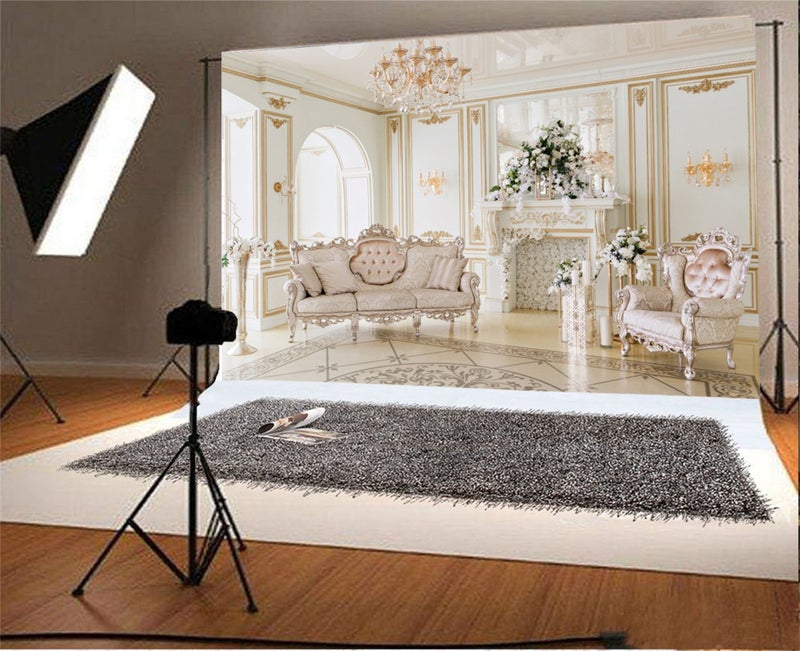 AOFOTO 7x5ft Luxury Indoor Furnishing Backdrop Chandelier Chair Mantel Flower Photography Background Adult Portrait Aristocratic Interior Decoration Photo Shoot Studio Props Video Drop Wallpaper Drape - Image 3